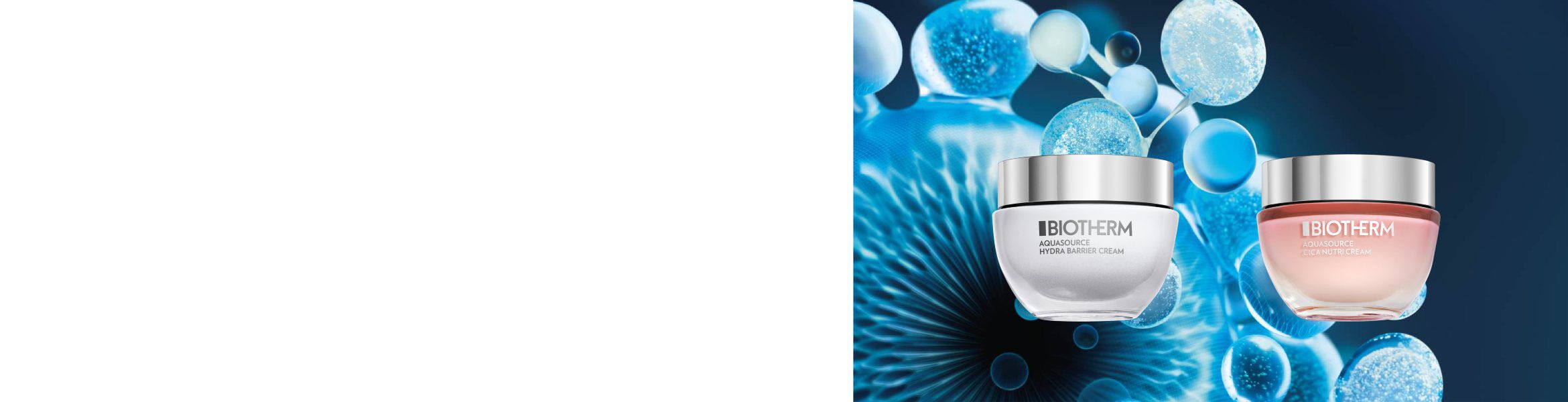 Ein Cremetiegel von Biotherm vor einem Hintergrund mit blauen, abstrakten Mustern und Texturen.