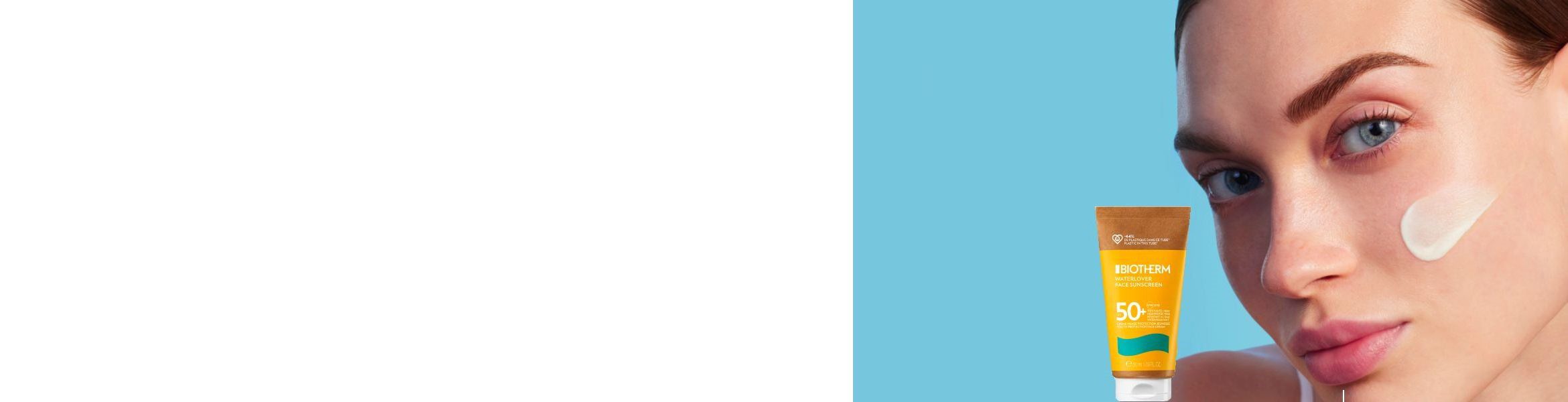 Ein vertikal geteiltes Bild mit einer weißen linken Halfte und einer hellblauen rechten Halfte.