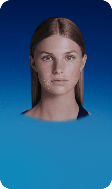 Kopf einer Frau mit verbundenen grafischen weißen Punkten im Gesicht