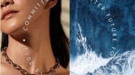 Geteiltes Motiv: Frau mit Schmuck und Wasserwelle, Schriftzug im Kreis „commitment to a more sustainable future“.