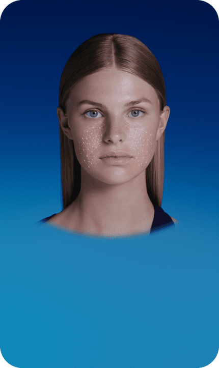 Kopf einer Frau mit verbundenen grafischen weißen Punkten im Gesicht