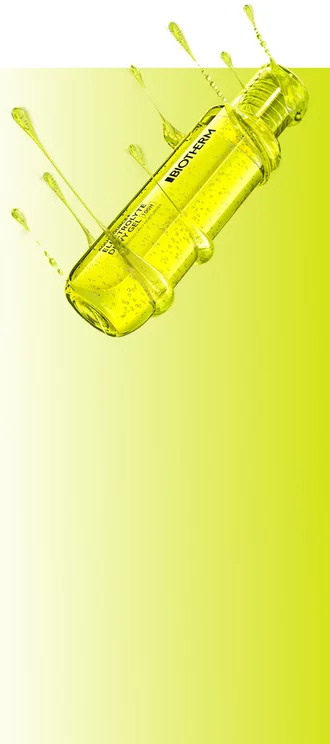 BIOTHERM AQUASOURCE ELECTROLYTE DEWY GEL Flakon mit Spritzern auf grunem Hintergrund.