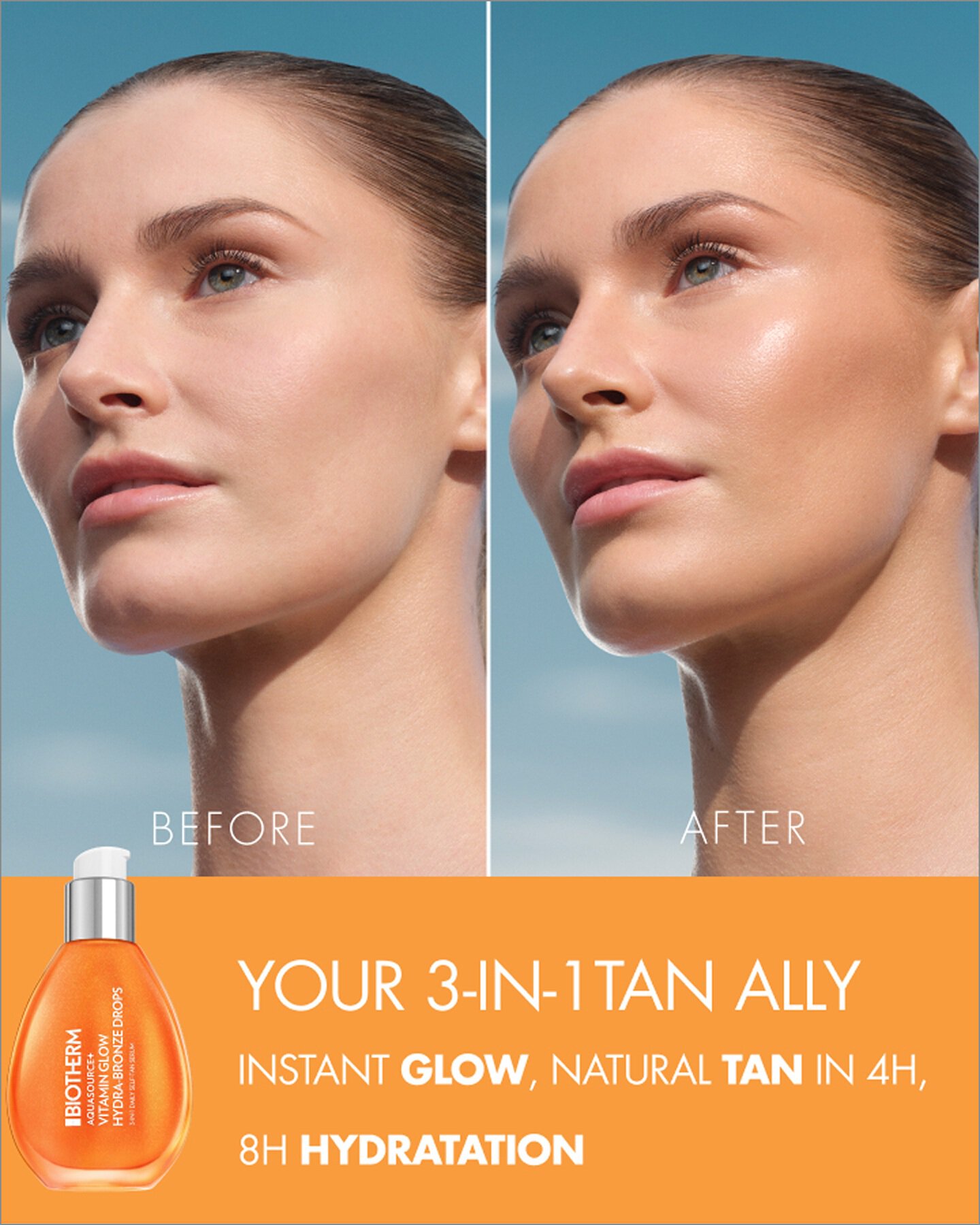 Side-by-side beauty image of a woman’s face labeled ‘Before’ and ‘After.’ In the ‘Before’ image, her skin appears smooth with a natural matte finish. In the ‘After’ image, her skin has a warmer, glowing tan with a more radiant, hydrated look. At the bottom, an orange bottle of ‘Biotherm Autobronzant Aqua Serum’ is shown next to text reading: ‘Your 3-in-1 Tan Ally – Instant Glow, Natural Tan in 4H, 8H Hydration.’