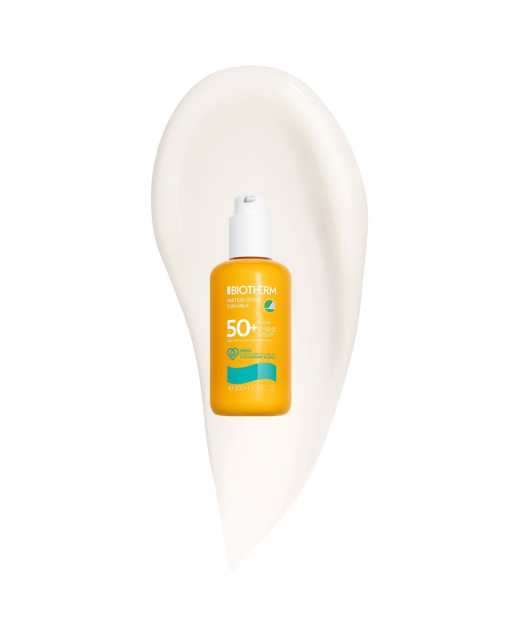 Gelbe Sonnenschutzflasche, 50+ SPF, vor weißem Hintergrund auf Creme klecksend. Text: BIO THERM WATERLOVER SUN MILK 50+ SPF 200ml 6.76 FL.OZ.