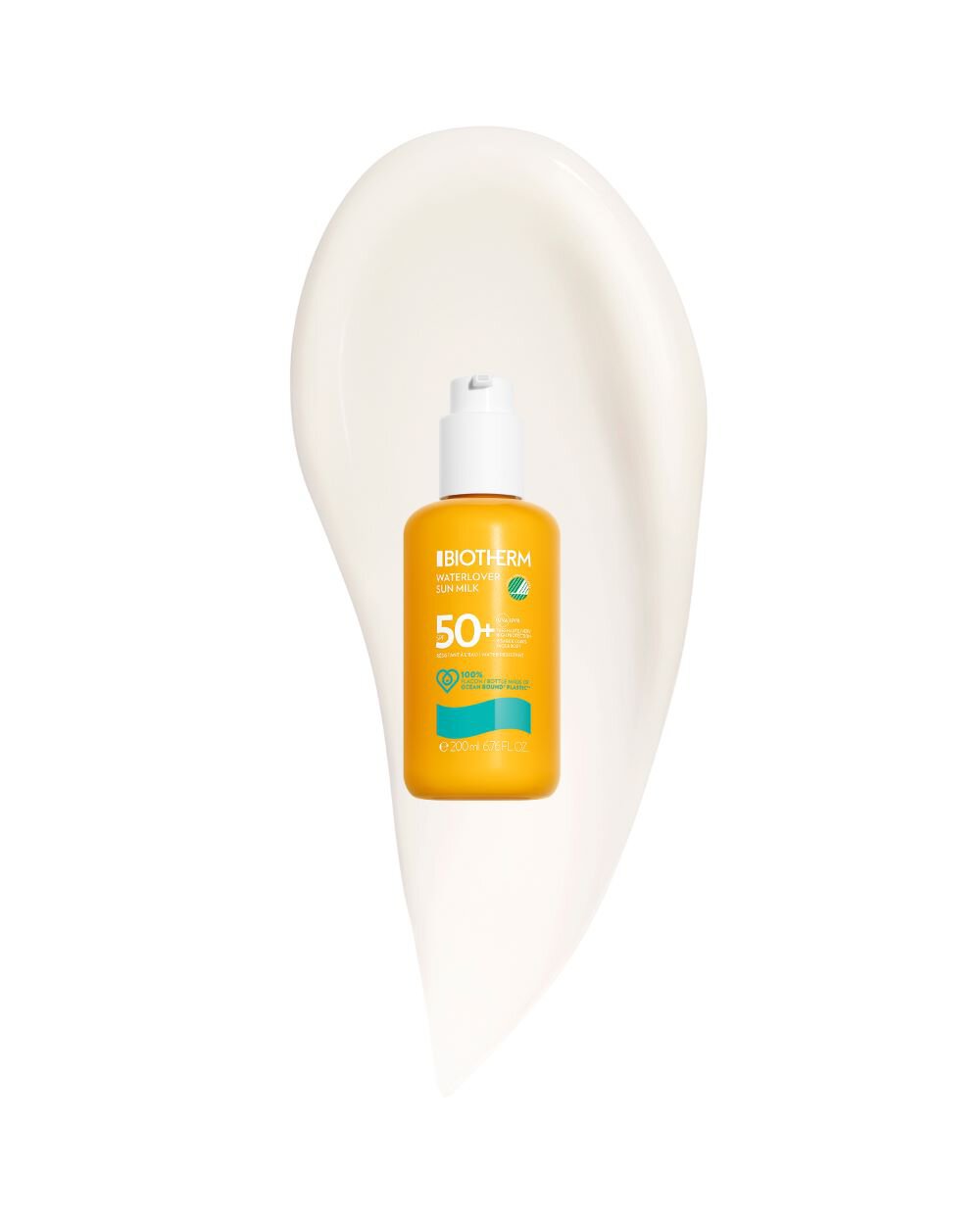 Gelbe Sonnenschutzflasche, 50+ SPF, vor weißem Hintergrund auf Creme klecksend. Text: BIO THERM WATERLOVER SUN MILK 50+ SPF 200ml 6.76 FL.OZ.