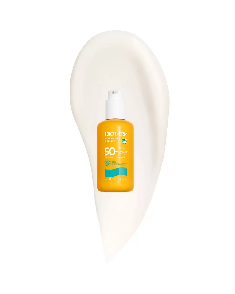Gelbe Sonnenschutzflasche, 50+ SPF, vor weißem Hintergrund auf Creme klecksend. Text: BIO THERM WATERLOVER SUN MILK 50+ SPF 200ml 6.76 FL.OZ.