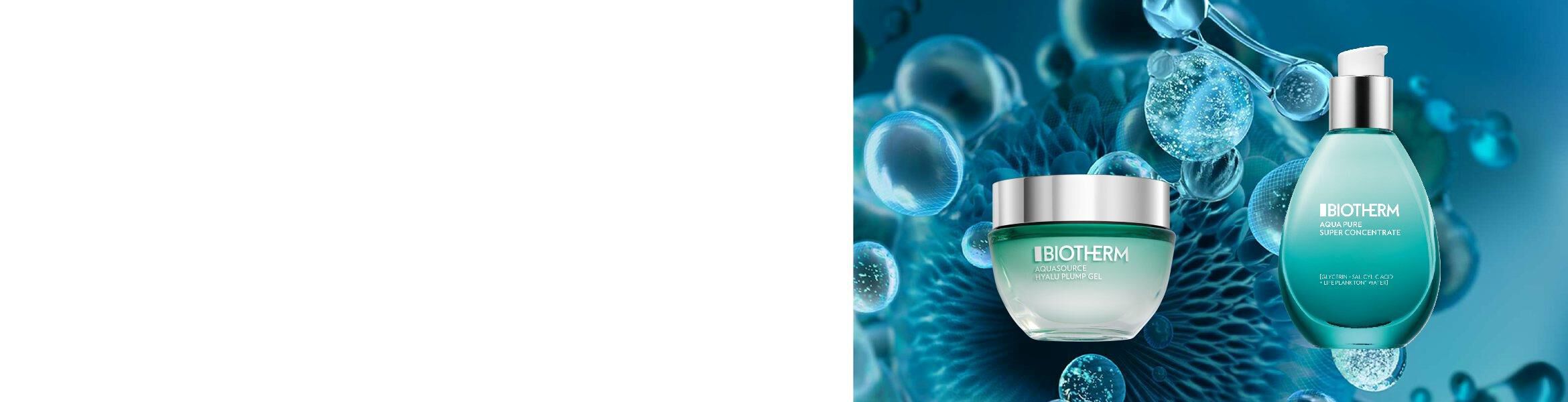 Ein Cremetiegel mit Aufschrift "BIOTHERM AQUASOURCE HYALURONIC PLUMP GEL", umgeben von blauen Blasen.