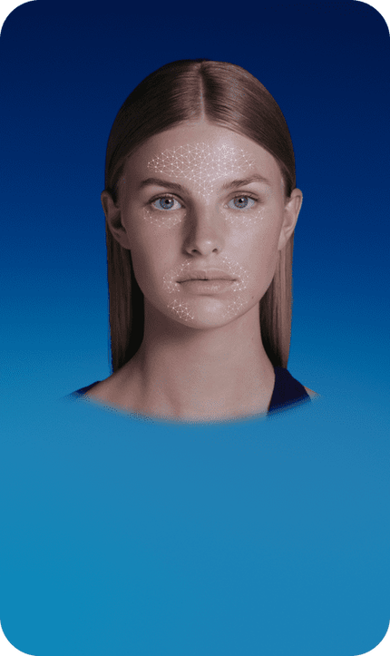 Kopf einer Frau mit verbundenen grafischen weißen Punkten im Gesicht