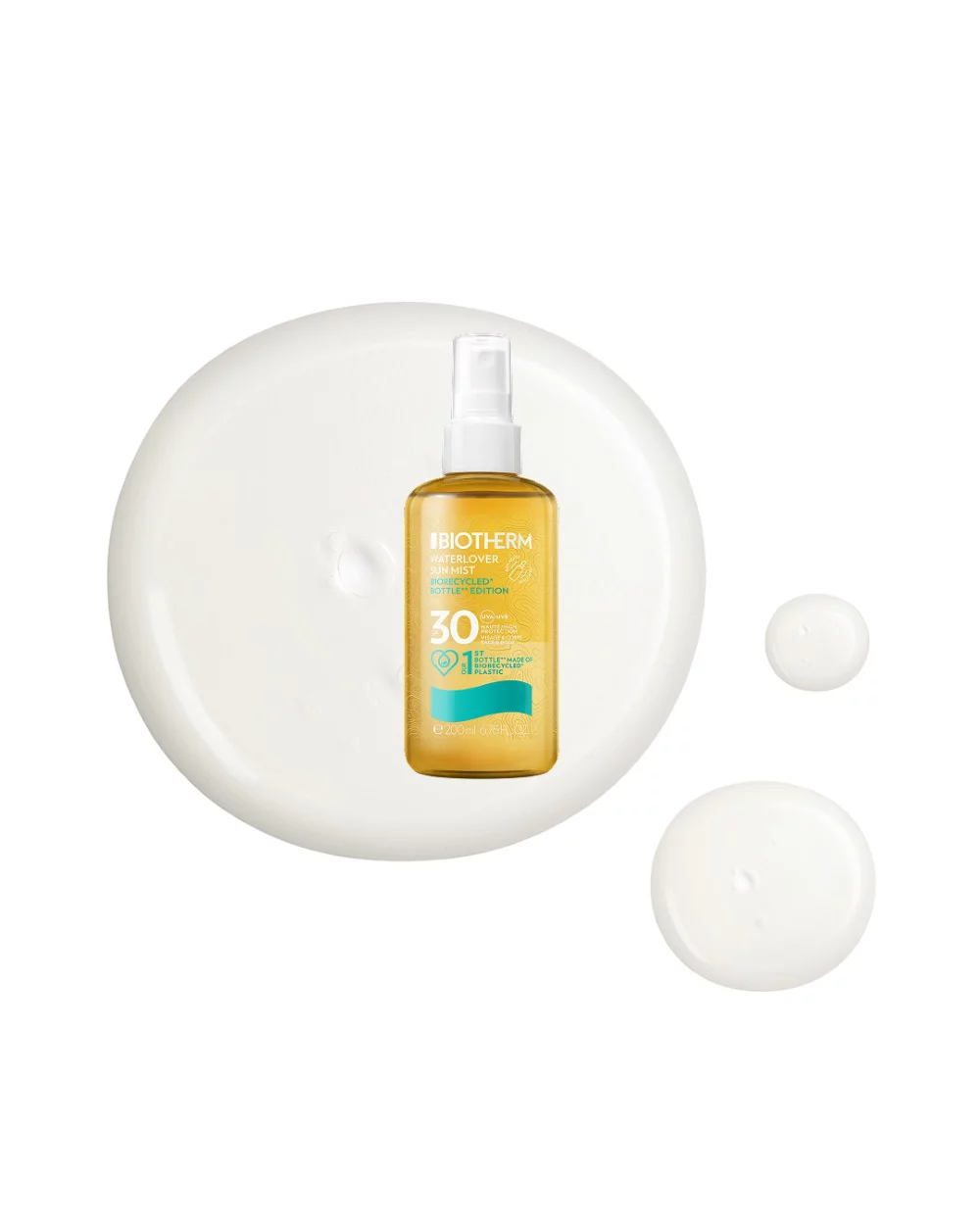 Flasche mit Biotherm Sun Mist, LSF 30. Hintergrund mit weißen Cremekreisen als Dekor.