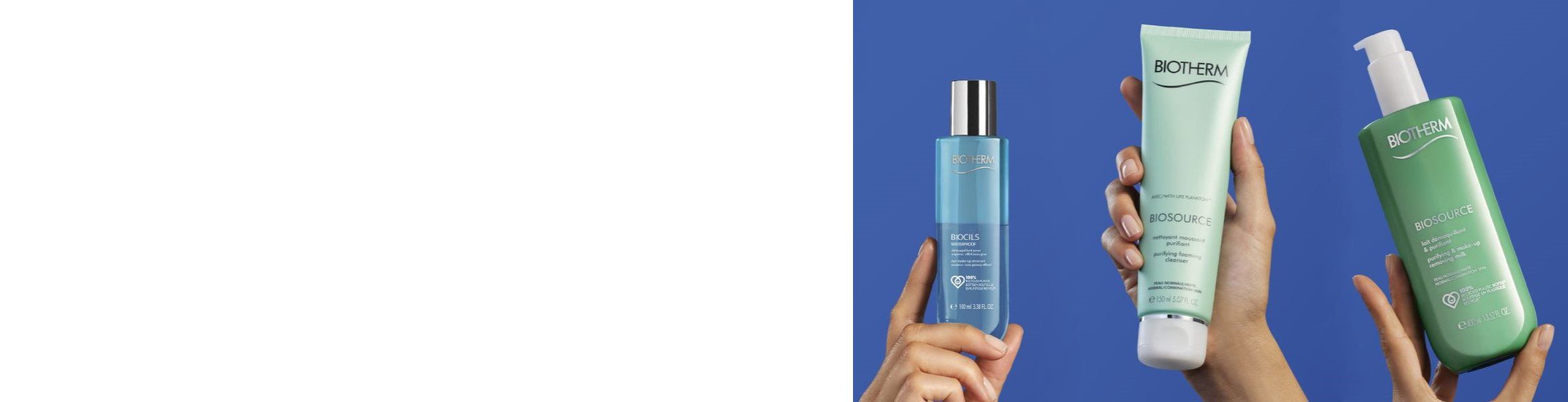 Hand halt blaue Flasche mit silbernem Deckel vor blauem Hintergrund, darauf steht: "BIOTHERM BIOCILS".
