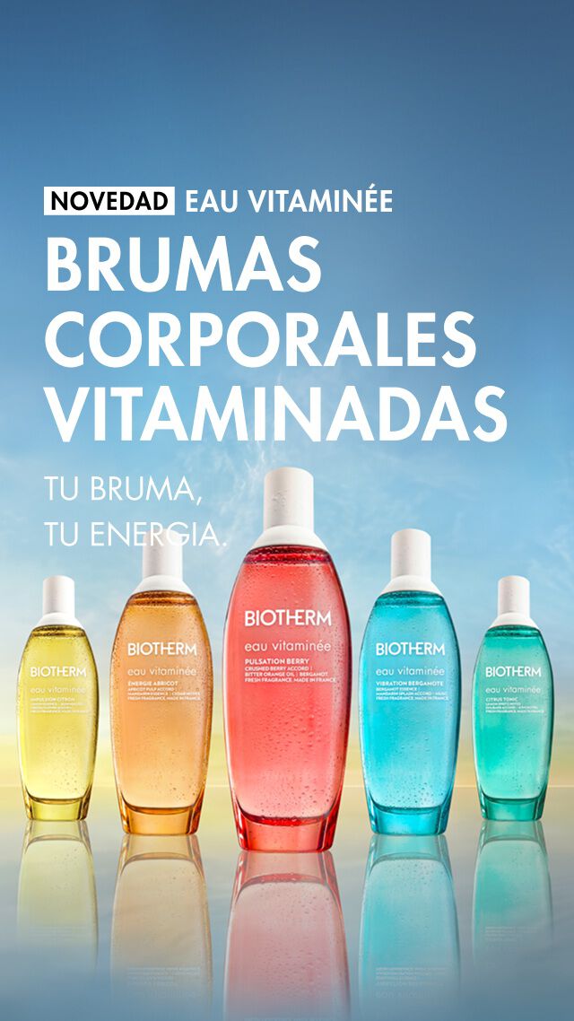 Cinco frascos coloridos de Eau Vitaminee de Biotherm alineados sobre un fondo degradado en tonos azul y amarillo, con texto promocional destacando el lanzamiento de las brumas corporales vitaminadas.