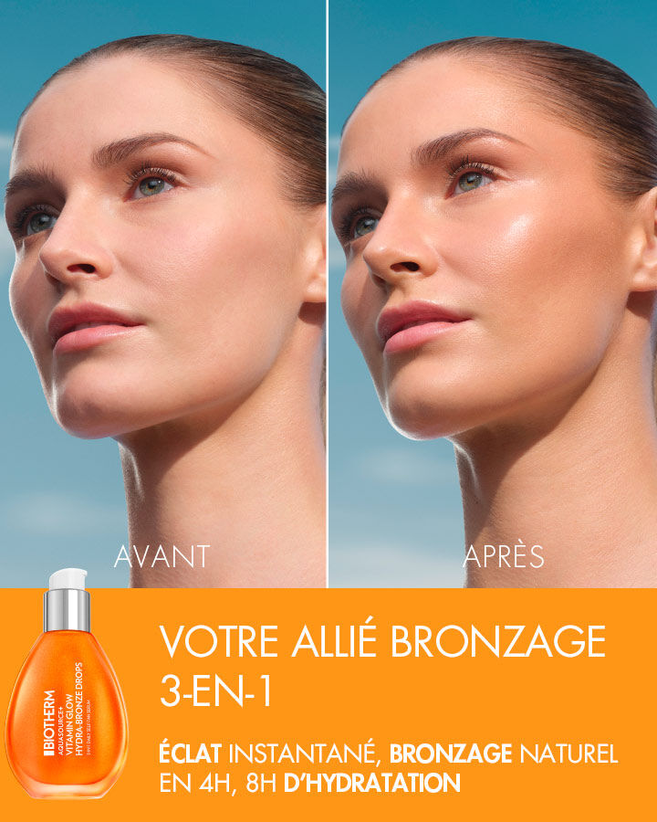 Side-by-side beauty image of a woman’s face labeled ‘Before’ and ‘After.’ In the ‘Before’ image, her skin appears smooth with a natural matte finish. In the ‘After’ image, her skin has a warmer, glowing tan with a more radiant, hydrated look. At the bottom, an orange bottle of ‘Biotherm Autobronzant Aqua Serum’ is shown next to text reading: ‘Your 3-in-1 Tan Ally – Instant Glow, Natural Tan in 4H, 8H Hydration.’