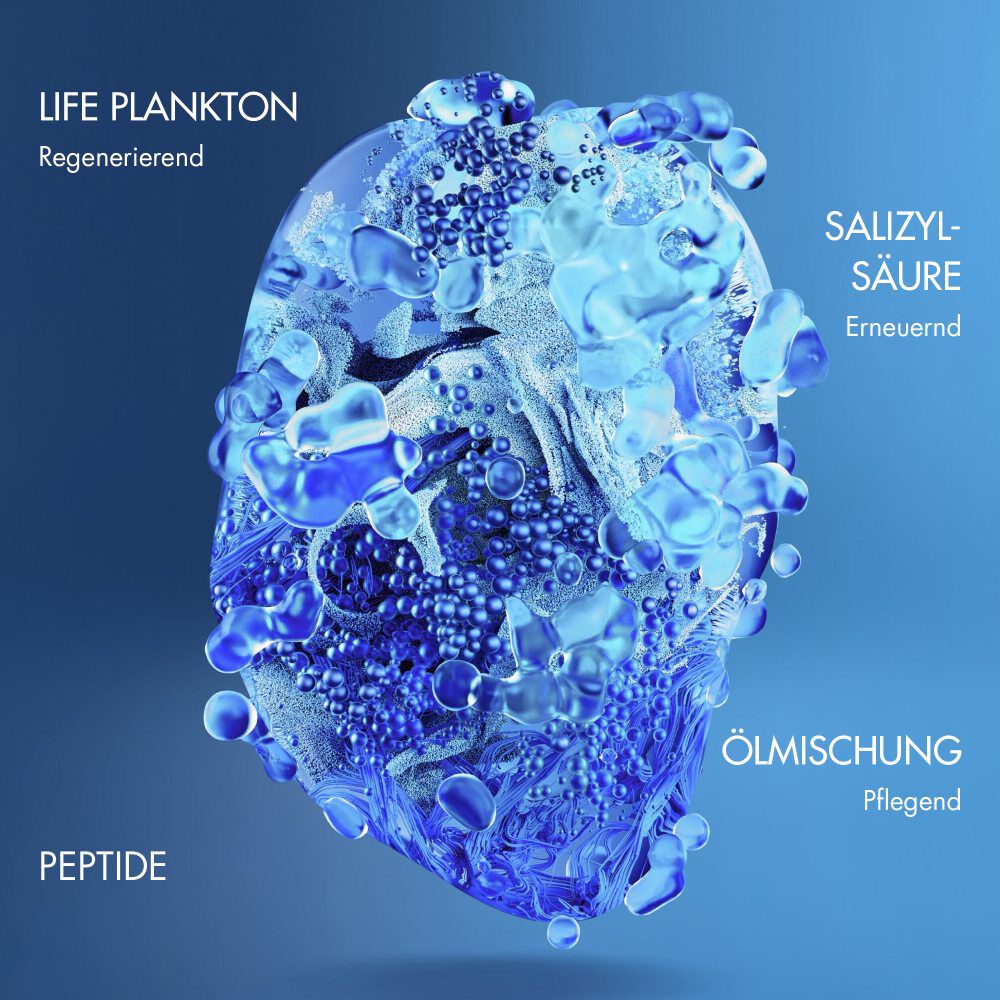 Ein blaues, eisahnliches Gebilde schwebt vor blauem Hintergrund. Text: „3D ILLUSTRATION“, „MIND-OVER“, „DIMENSION“, „VISION“.