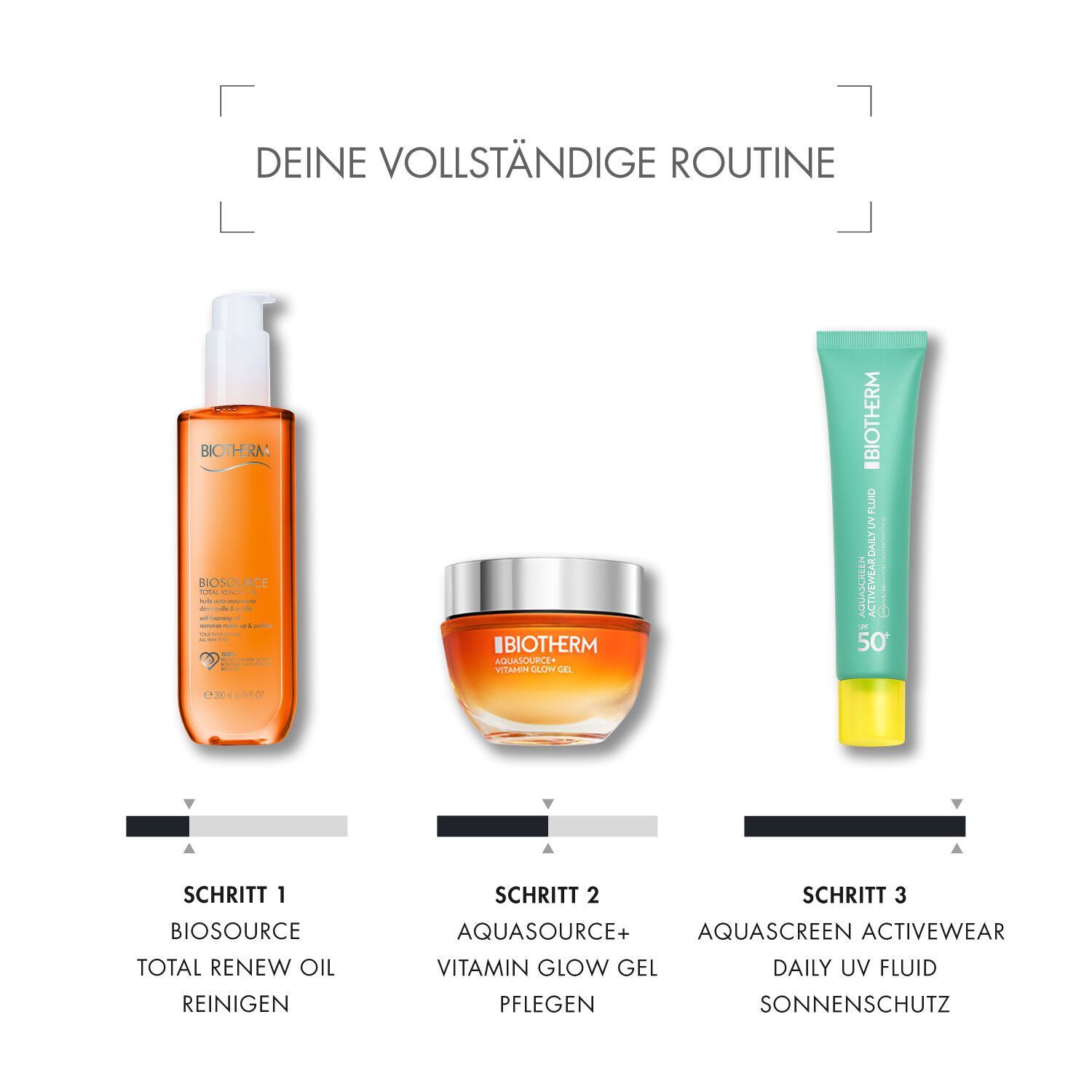 Drei Hautpflegeprodukte mit Beschriftungen: Lotion fur Feuchtigkeit, Creme fur Glanz, Reinigungsschaum.