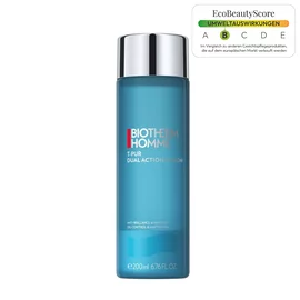 Eine blaue Flasche mit silbernem Deckel auf weißem Hintergrund. Text: "BIOTHERM HOMME."