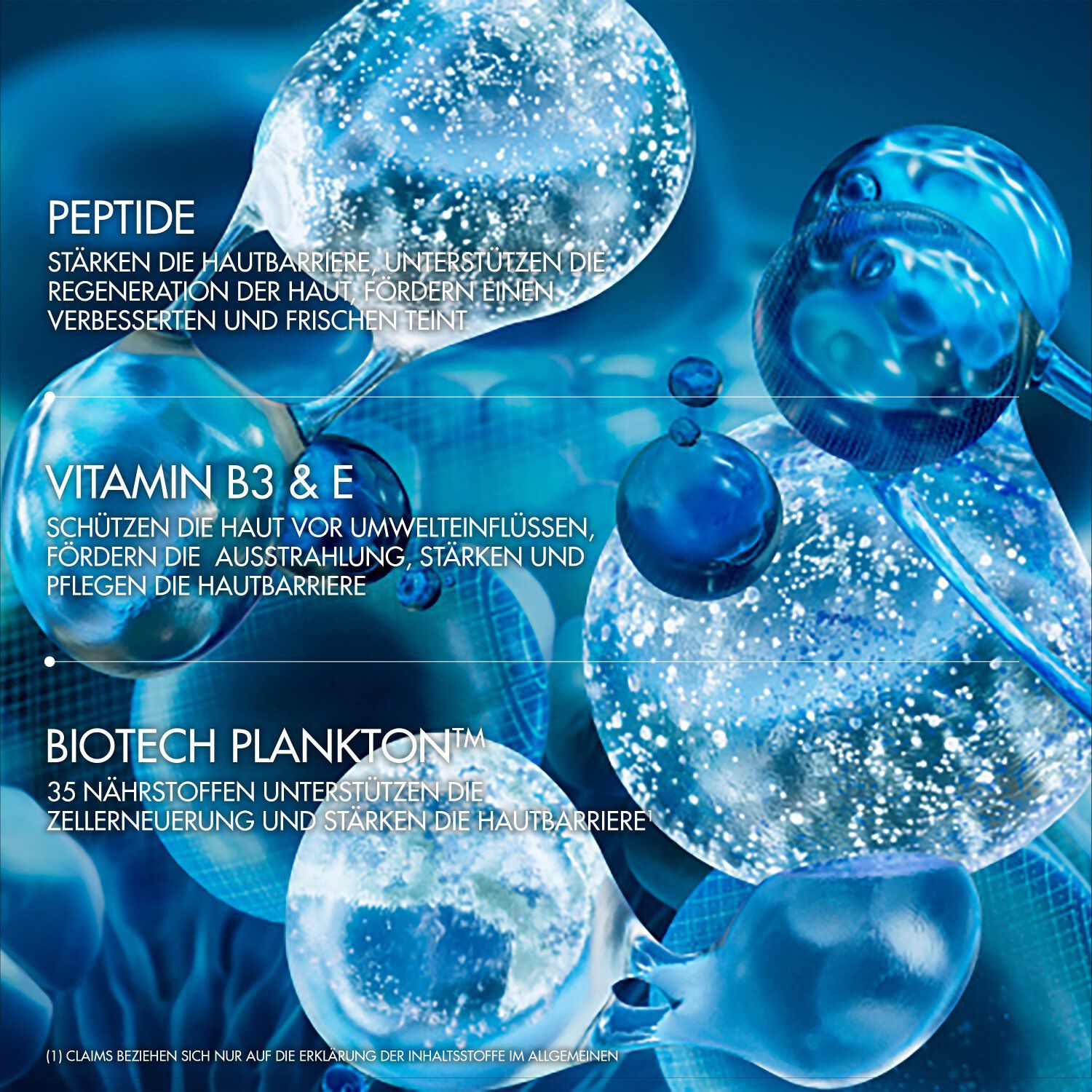 Blau-weiße, vergroßerte Zellen schweben in blauer Flussigkeit. Text: „RNA“, „Mitochondrien“, „Energie-Ubertragung“ erwahnt.