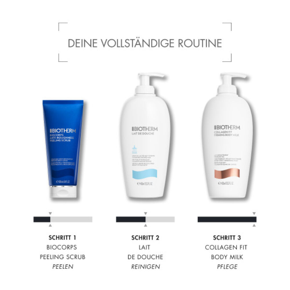 Drei Kosmetikprodukte, je ein Schritt einer Hautpflegeroutine: Reinigung, Peeling, Feuchtigkeitspflege.