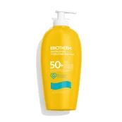 Gelbe Sonnencremeflasche mit Pumpverschluss, Beschriftung: "BIOTHERM, 50+ SPF, Waterlover Sonnenmilch".
