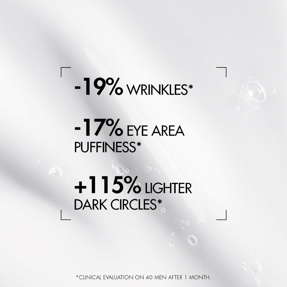 Hintergrund: Weiche, unscharfe Textur mit englischem Text: "19% WRINKLES, 17% EYE AREA PUFFINESS, +115% SKIN MOISTURE. Individual results may vary (n=54), Source: internal report, 2022"