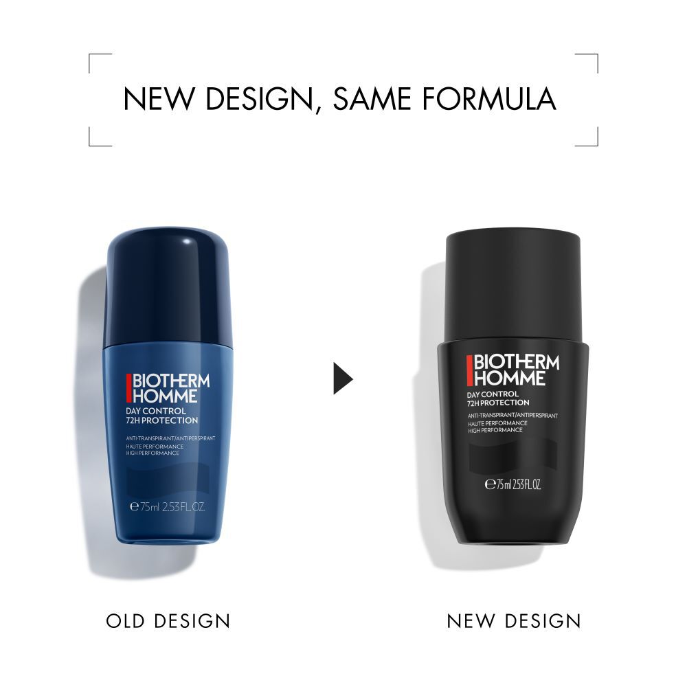 Zwei Dosen Deodorant, linke alt, rechte neu, mit Text: "NEW DESIGN, SAME FORMULA."