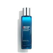 Blaue Flasche steht vertikal, silberner Deckel, auf weißem Hintergrund. Text: "Biotherm Homme, Force Supreme Lotion."