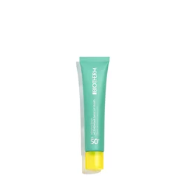 Grune Tube mit gelber Kappe, stehend, auf weißem Hintergrund. Text: "Supergoop! Glowscreen SPF 40".