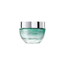 Transparenter Tiegel mit silbernem Deckel, enthalt grune Creme. Text auf dem Tiegel: "BIOTHERM".