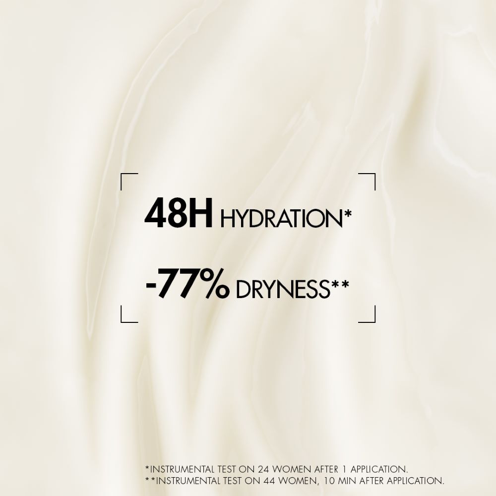 Nuetrales Bild mit Text: "48H Intensive Hydration, +77% Zuganglichkeit**. Basierend auf einer instrumentellen Messung an einer reprasentativen Gruppe von 24 Probanden."