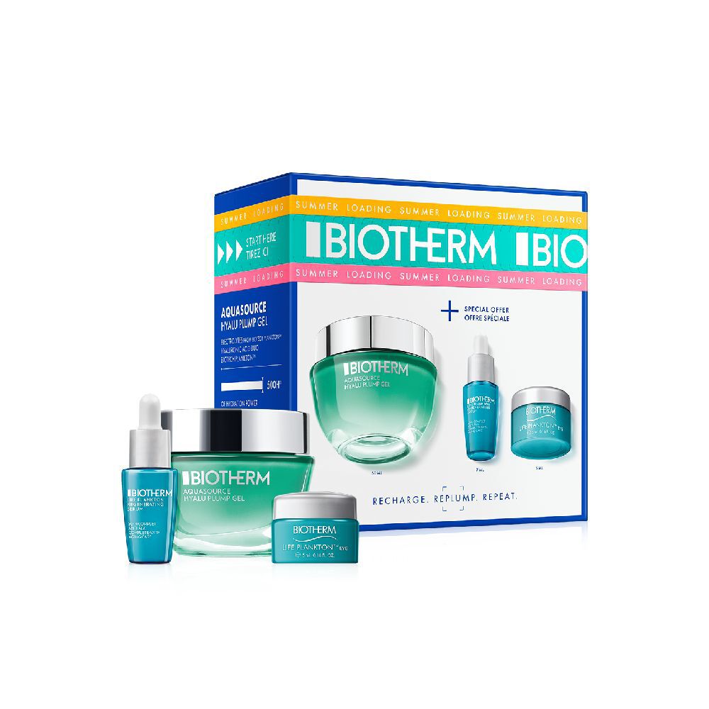 Kosmetikset mit Tiegel, Flaschchen und Tubus vor bunter Verpackung. Text: „BIOTHERM BIOSOURCE“.