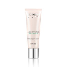 Eine Tube mit der Aufschrift "Biotherm Aquasource SPF 15" vor weißem Hintergrund.