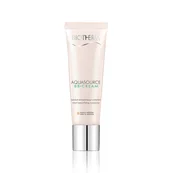 Eine Tube mit der Aufschrift "Biotherm Aquasource SPF 15" vor weißem Hintergrund.