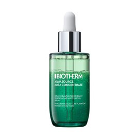 Grune Serumflasche mit Pipette; schwebt vor weißem Hintergrund. Text: "BIOTHERM AQUASOURCE AURA CONCENTRATE".