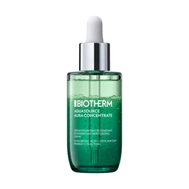 Grune Serumflasche mit Pipette; schwebt vor weißem Hintergrund. Text: "BIOTHERM AQUASOURCE AURA CONCENTRATE".
