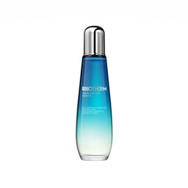Eine blaue Flasche mit silbernem Verschluss; "BIOTHERM LIFE PLANKTON ESSENCE" steht darauf.