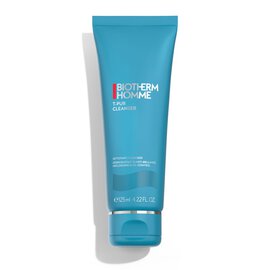Blaue Tube steht aufrecht, enthalt Hautpflegeprodukt von Biotherm Homme, simpler weißer Hintergrund.