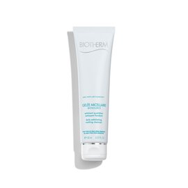Weiße Tube mit blauer Aufschrift steht vertikal; glatter Hintergrund. Text: "BIOTHERM Purefect Skin".