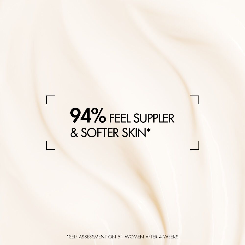 Text: "96% feel subtle & softer skin." Texturierte Oberflache im Hintergrund, cremige Farbgebung.