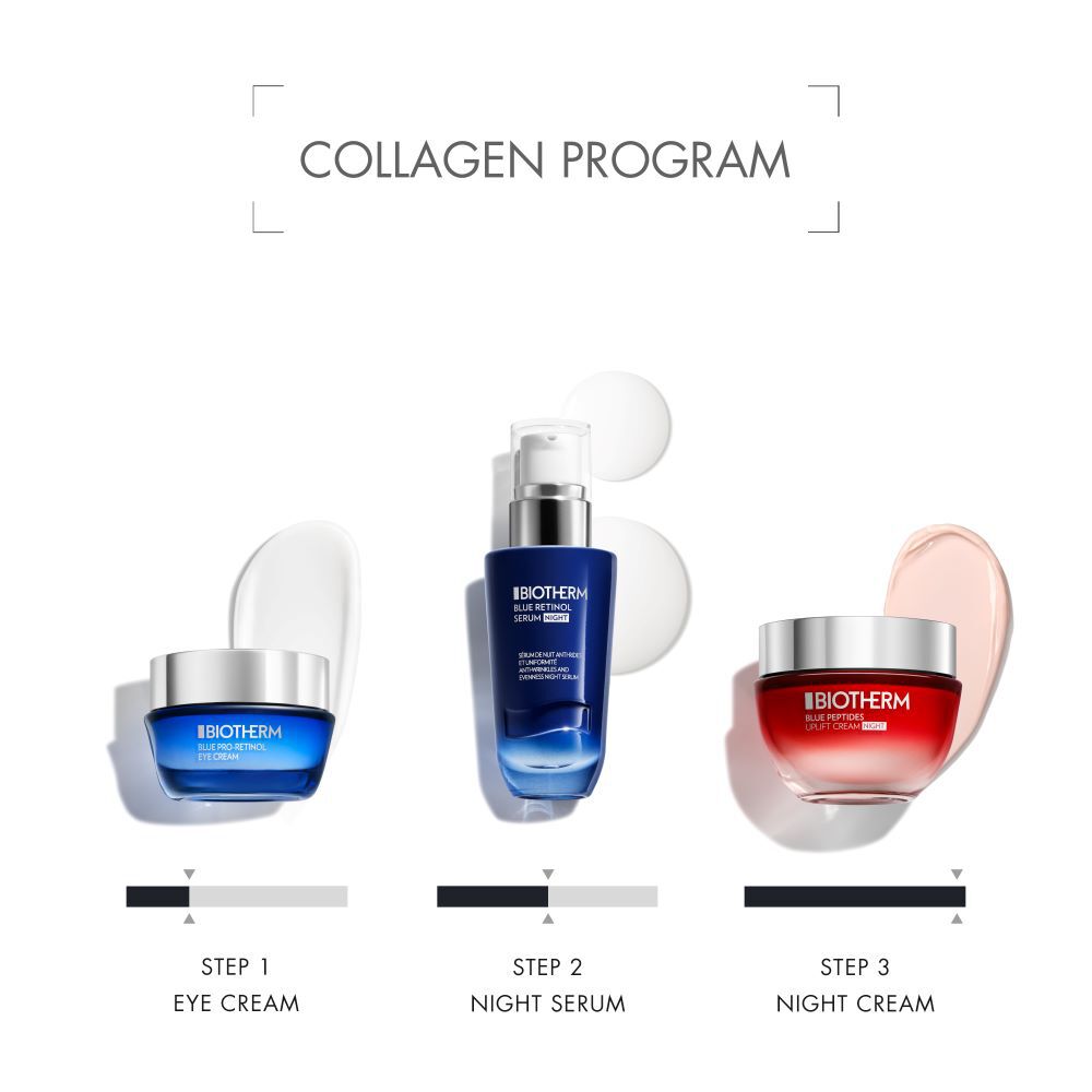 Drei Kosmetikglaser mit Text: "COLLAGEN PROGRAM." Links Exquisit, Mitte Supreme, rechts Ampulla.