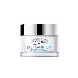 Weiße Kosmetiktiegel mit silbernem Deckel; Text: "BIOTHERM LIFE PLANKTON™ SENSITIVE BALM".