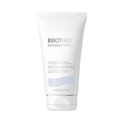Weiße Tube Biotherm Biovergetures auf weißem Hintergrund, Text: "Gel-Creme Anti-Dehnungsstreifen".