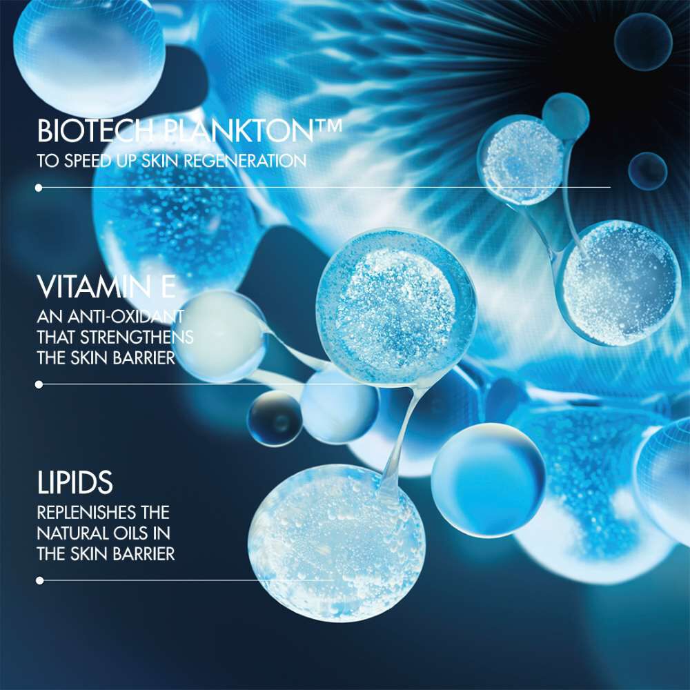 Abstrakte blaue Kugeln schweben in einer dynamischen blauen Umgebung. Text: "BOS: IN WENIGEN MINUTEN ERREICHEN." "VITALITAT: ES LIEGT IN UNSEREN GENEN, IN UNSERER NATUR!" "LYMPH: BEWEGEN SIE SICH. DIE BEWEGUNG LOST IHRE ENERGIE AUS!"