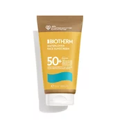 Gelbe Sonnenschutzcreme-Tube mit brauner Kappe, Aufschrift: "BIOTHERM WATERLOVER FACE SUNSCREEN 50+".