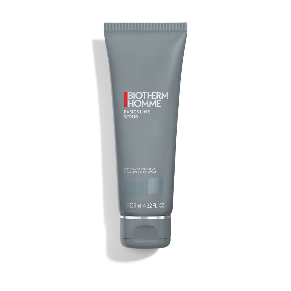 Graue Tube, stehend, vor weißem Hintergrund. Text auf Tube: "BIOTHERM HOMME CLEANSER TOTAL PERFECTOR".