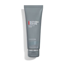 Graue Tube, stehend, vor weißem Hintergrund. Text auf Tube: "BIOTHERM HOMME CLEANSER TOTAL PERFECTOR".