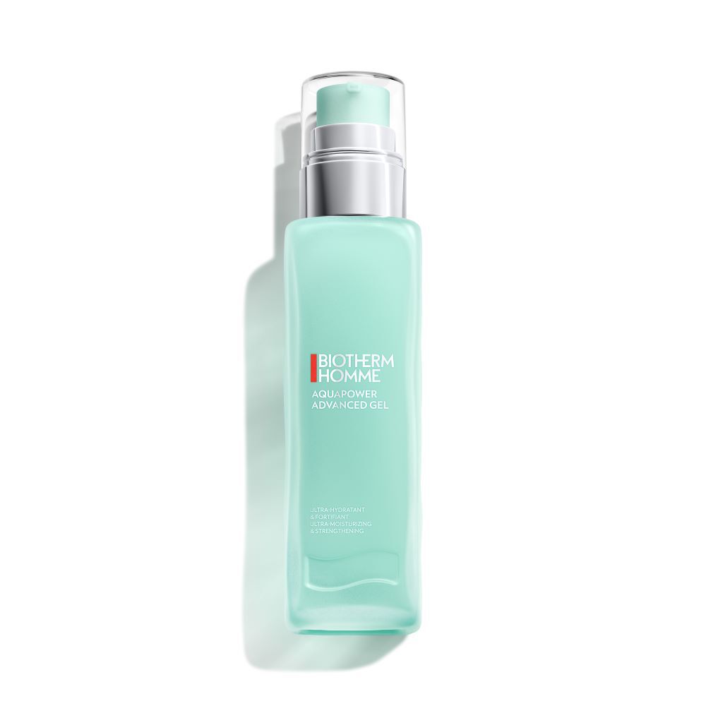 Ein mintgrunes Kosmetikflaschchen mit Pumpe steht auf weißem Hintergrund. Text: "BIOTHERM HOMME AQUA POWER ACID ACID GEL".