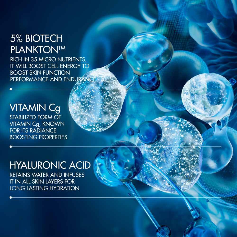 Blaues Molekul-Design mit Text: "FIL-KTCH-RJWBCDH", "VOAWPTG", "HYALURONIC ACID".