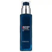 Dunkelblaue Flasche, Spender oben, Text: "Biotherm Homme Force Supreme Gel".