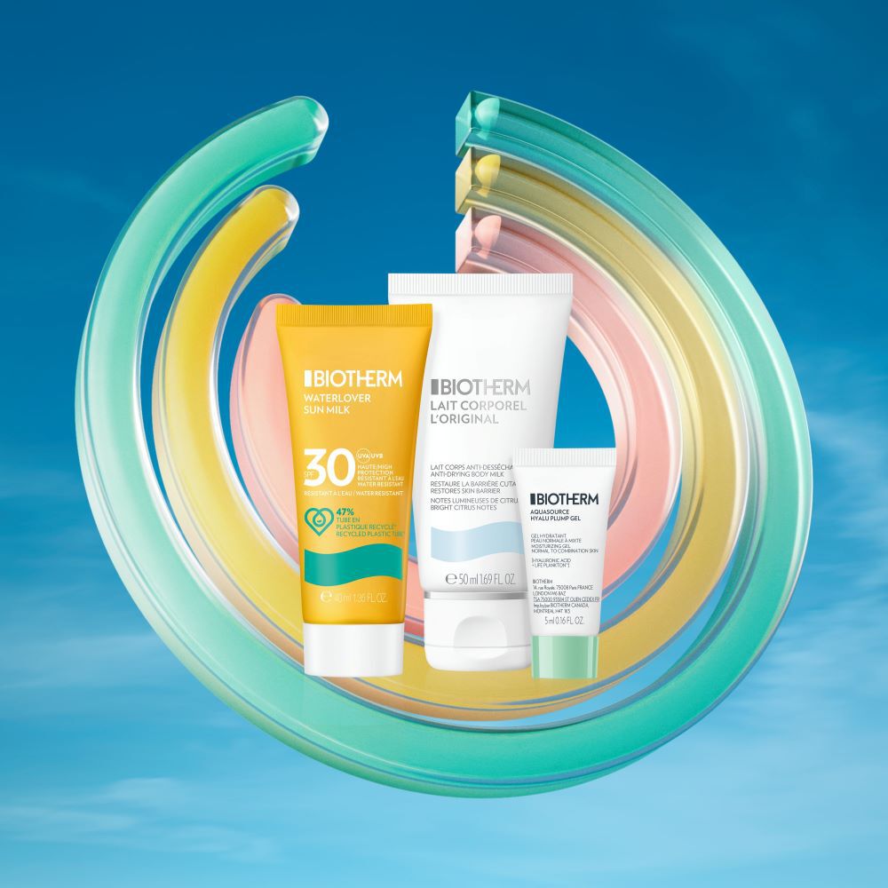 Produkte mit buntem Wirbel im Hintergrund, vor blauem Himmel. Enthalt Cremetuben und Verpackung.