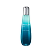 Eine blaue Flasche mit silbernem Deckel, umgeben von einem weißen Hintergrund. Text: "BIOTHERM."