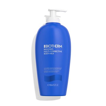 Blaue Lotionflasche mit Pumpspender, Text: "BIOTHERM BODY GEL BODY MILK".